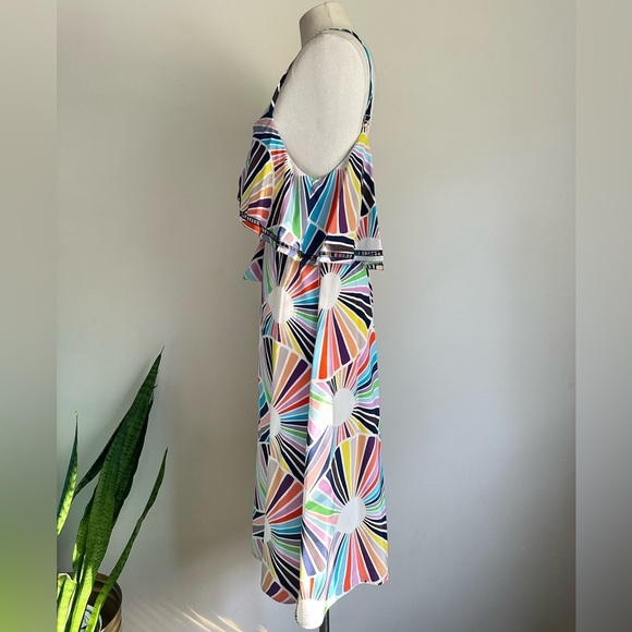 Trina Turk SILK BELTED Ruffle Retro Lined MIDI Dress sz Medium - Picture 5 of 8